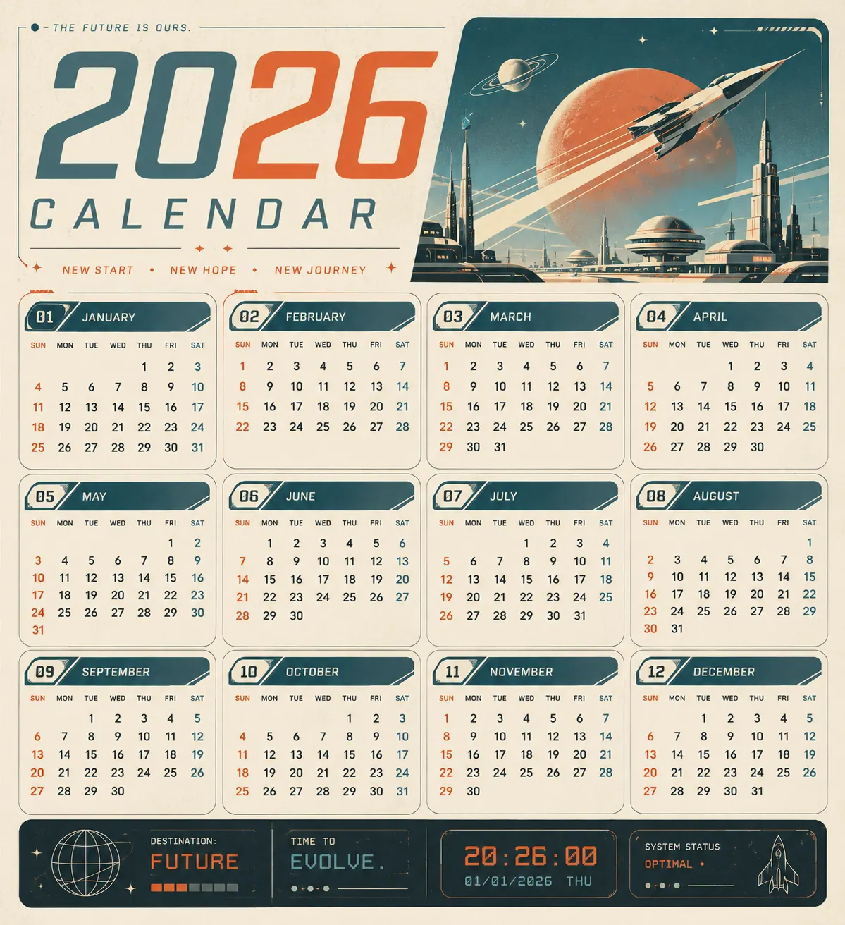 Space Retro 2026 Calendar