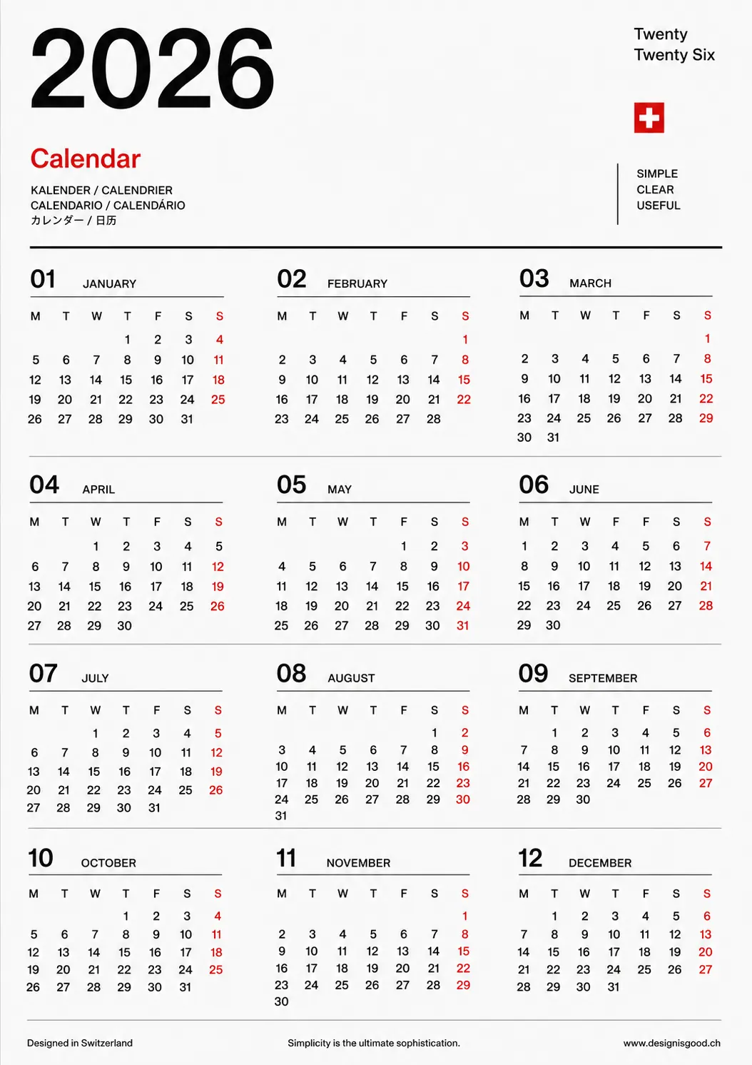 Swiss Minimal 2026 Calendar