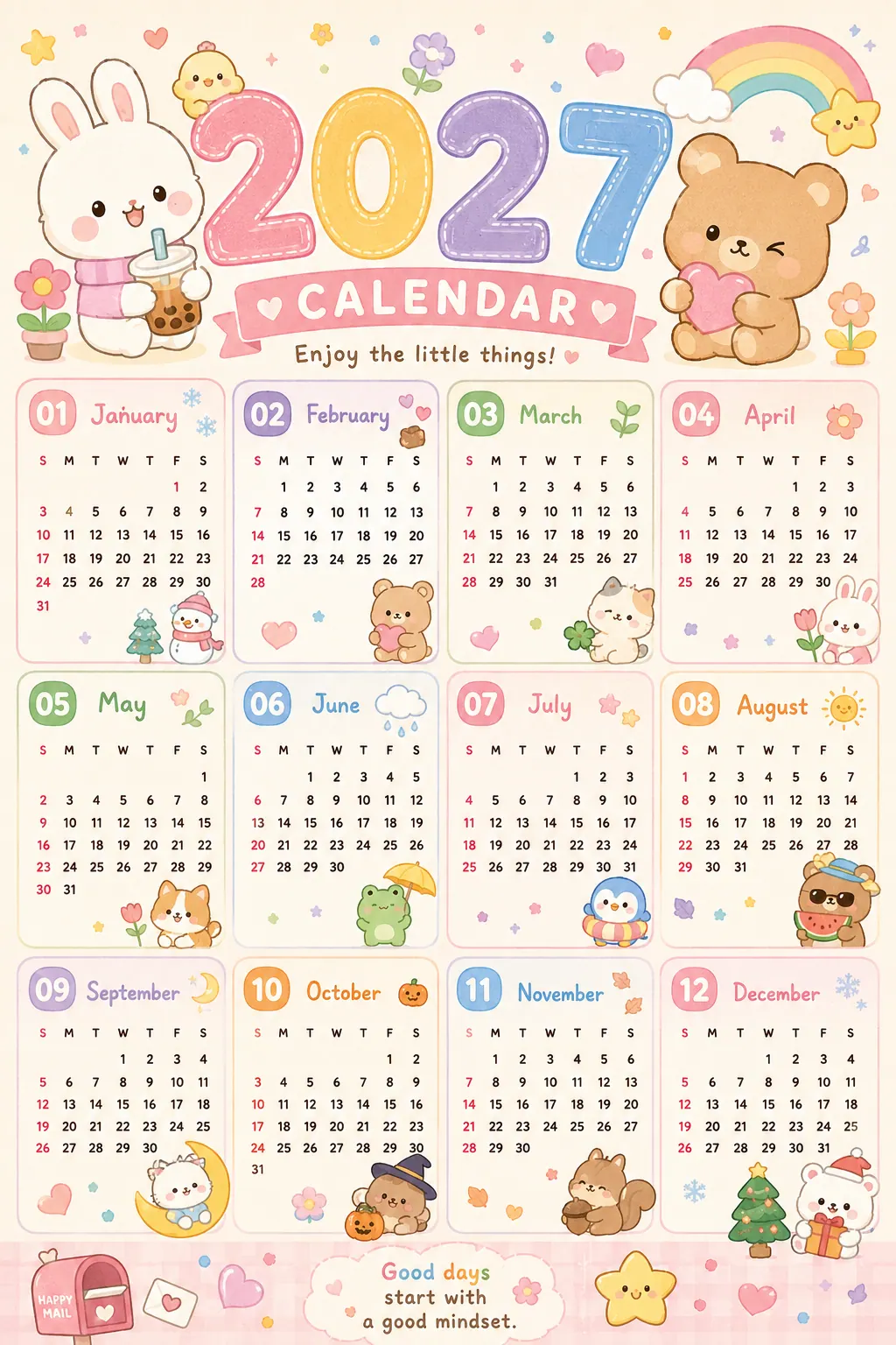 Cute Pastel 2027 Calendar