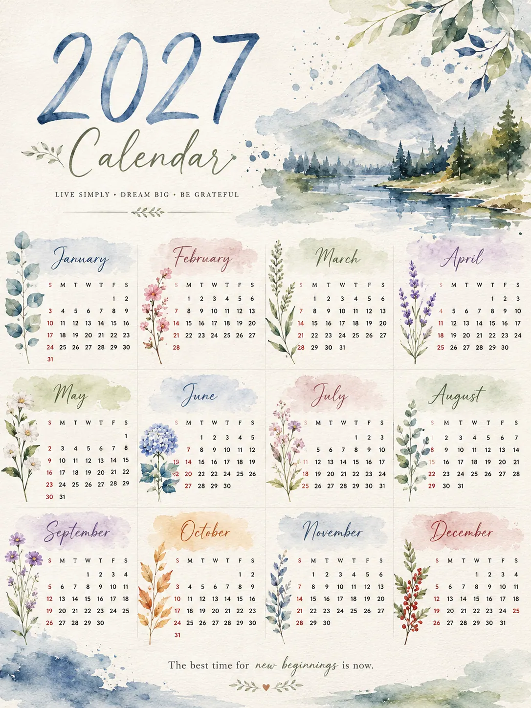 Watercolor Nature 2027 Calendar