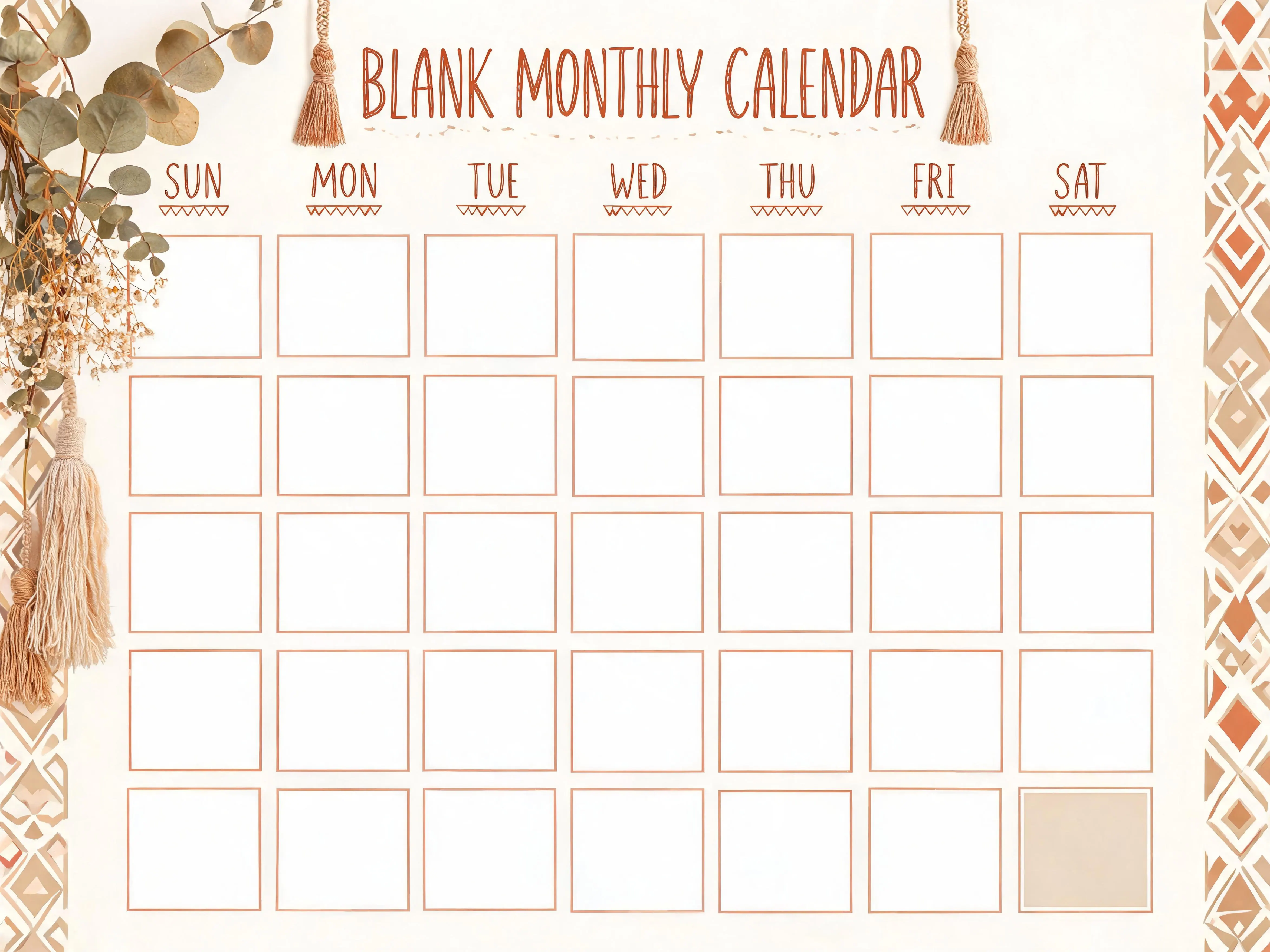 Boho Blank Monthly Calendar
