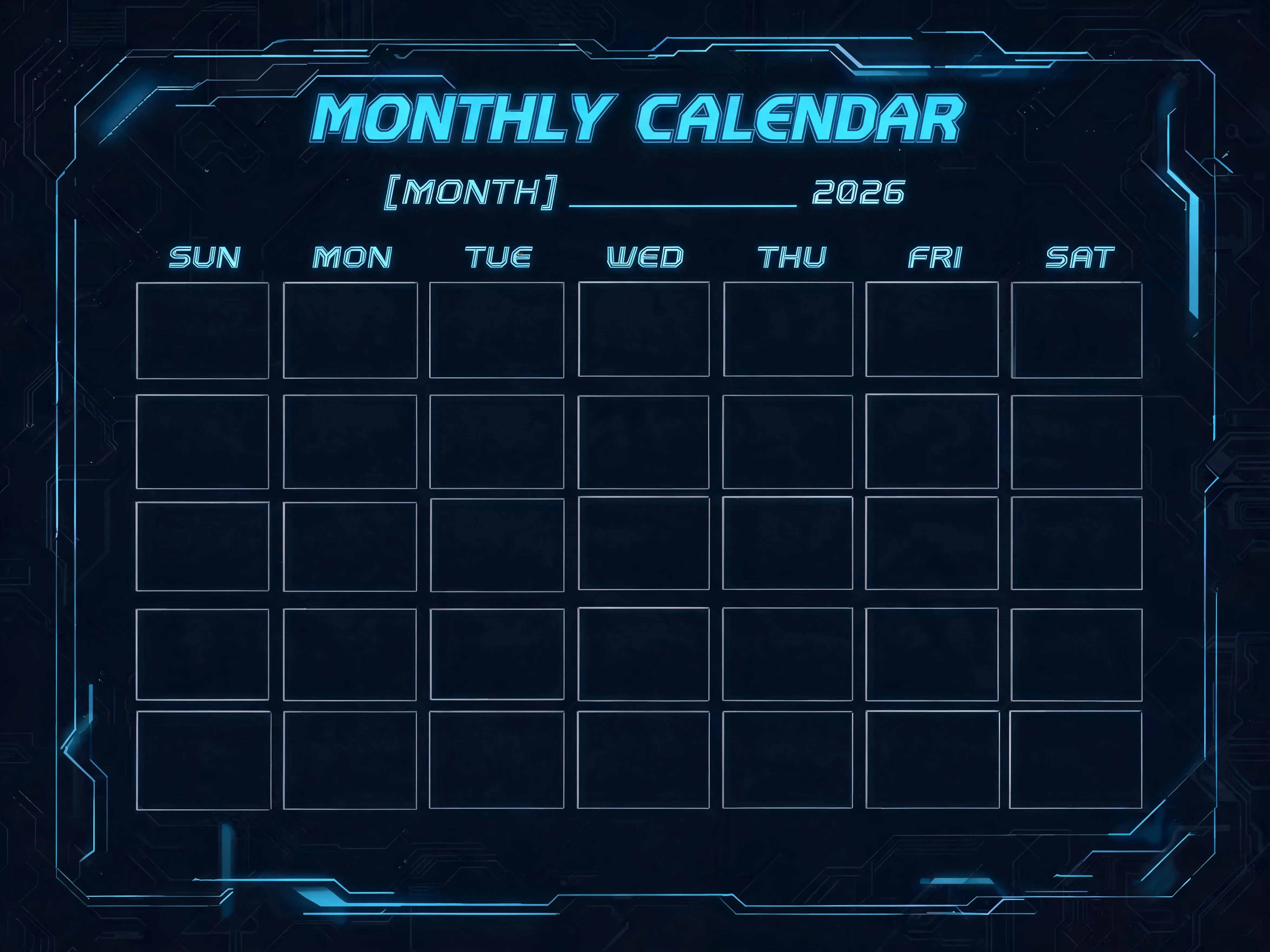Dark Mode Blank Monthly Calendar