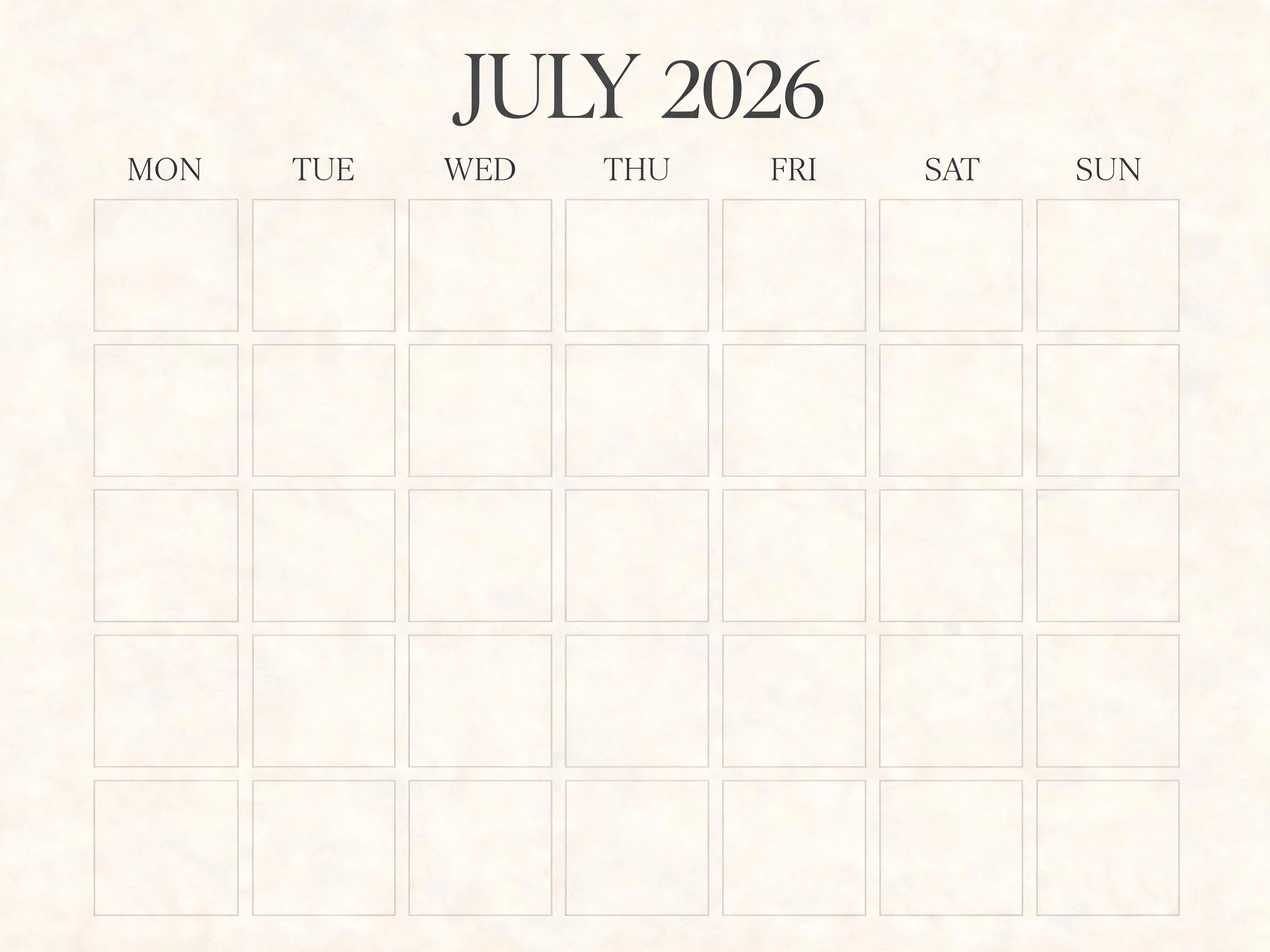 Editorial Style Blank Monthly Calendar