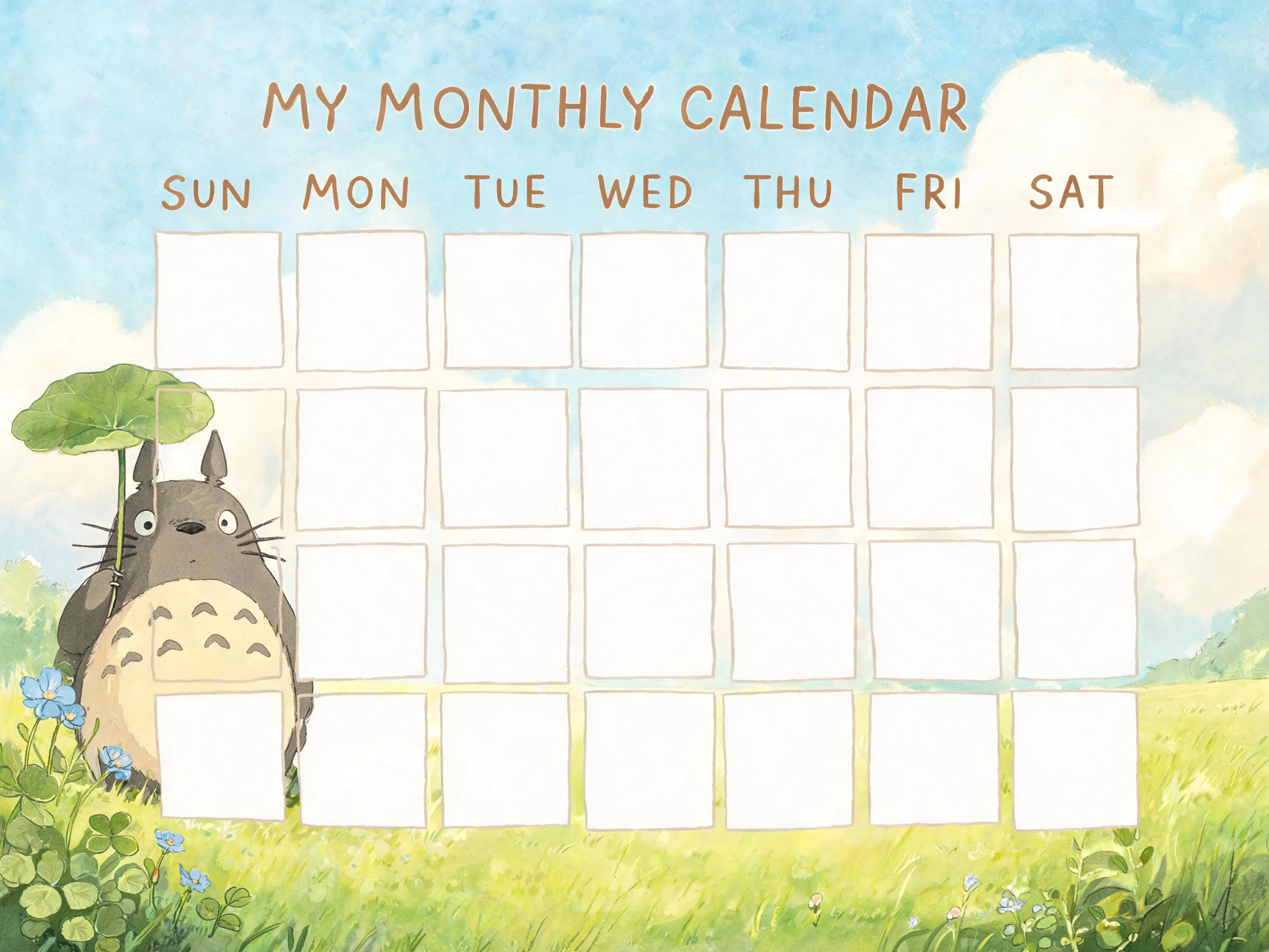 Ghibli Inspired Blank Monthly Calendar