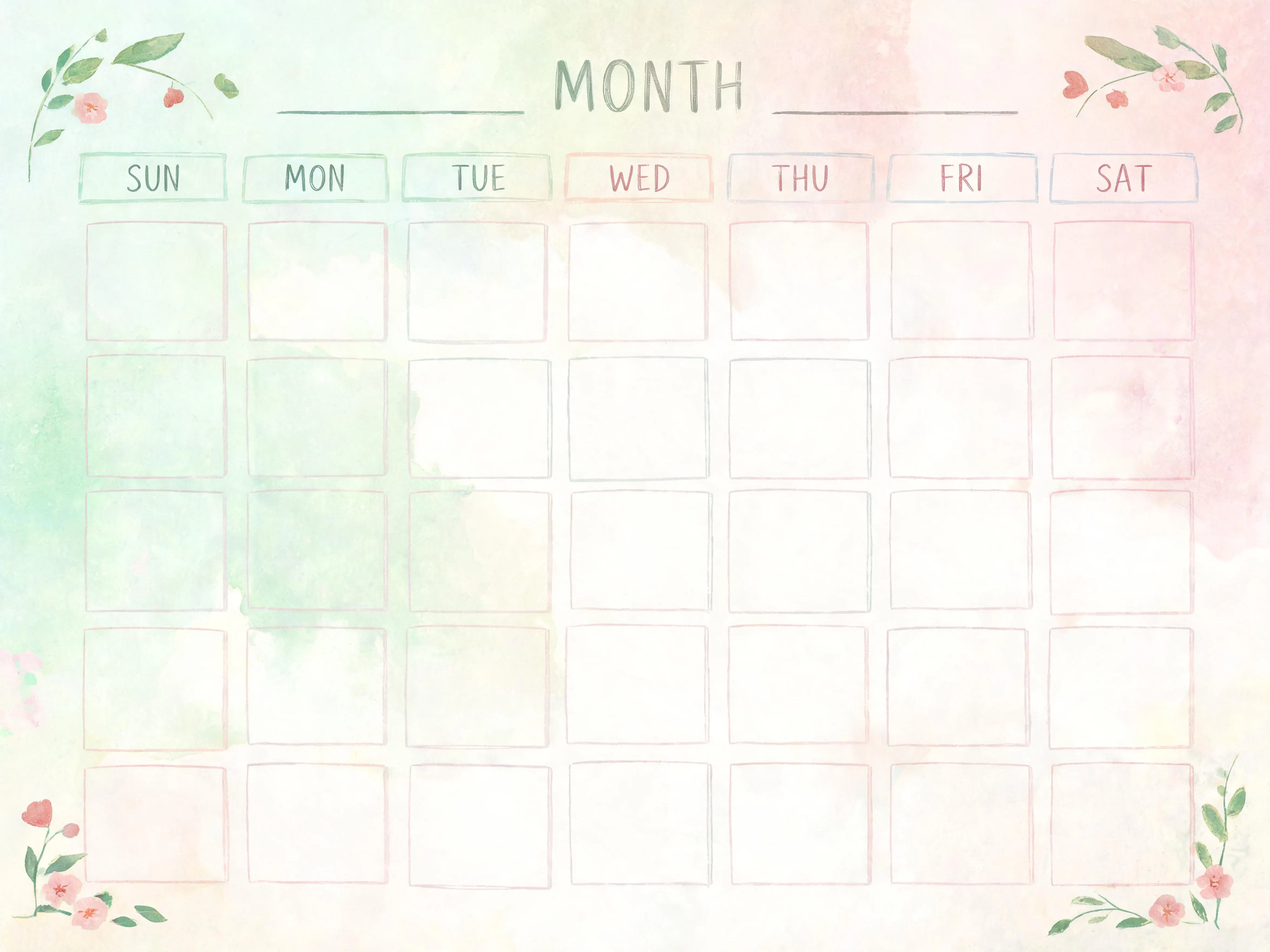 Watercolor Blank Monthly Calendar