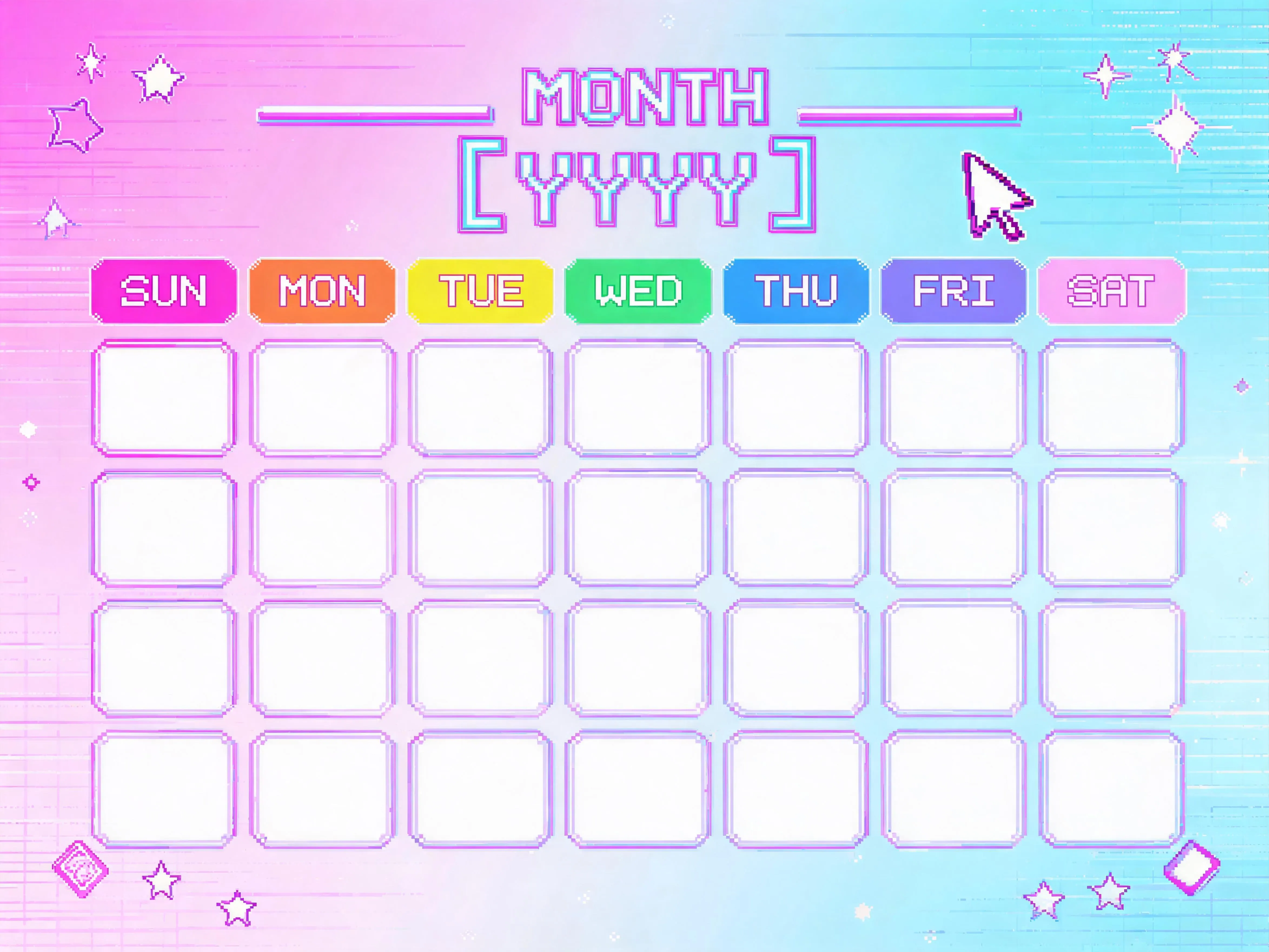 Y2K Digital Blank Monthly Calendar