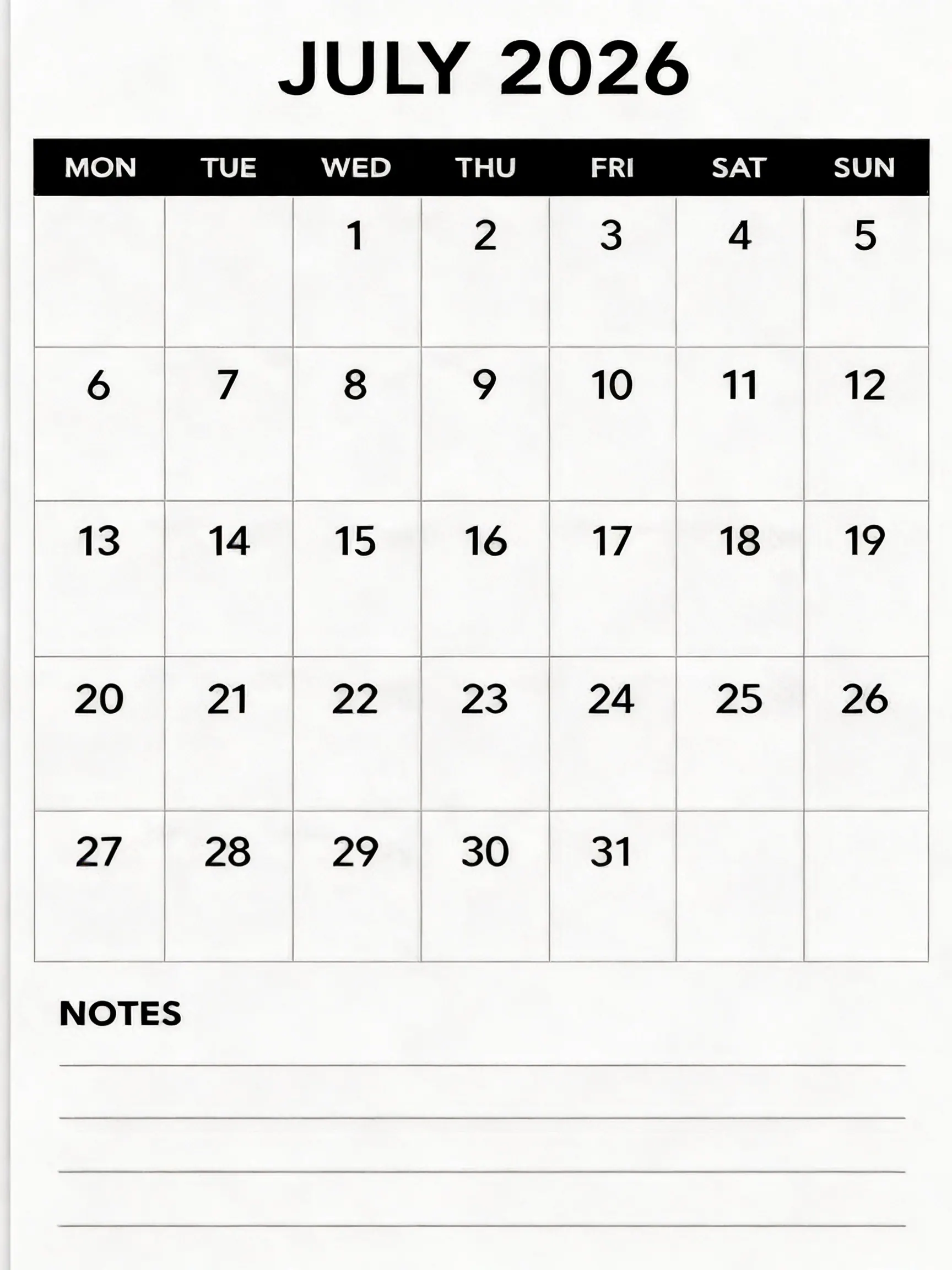 Black and White Classic Monthly Calendar