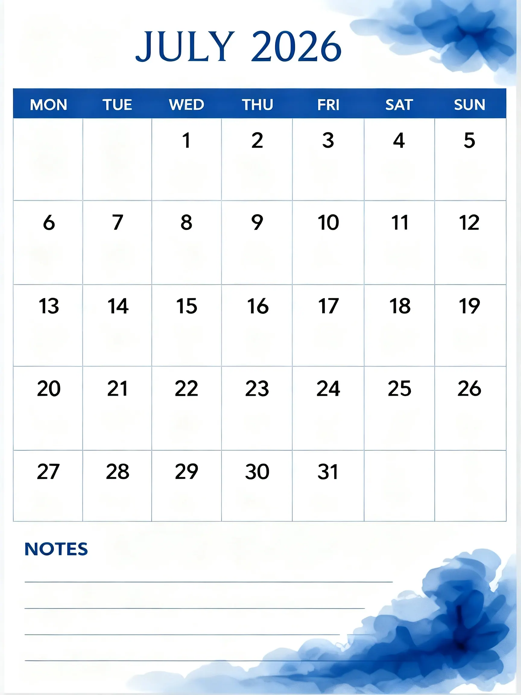 Blue Floral Notes Classic Monthly Calendar