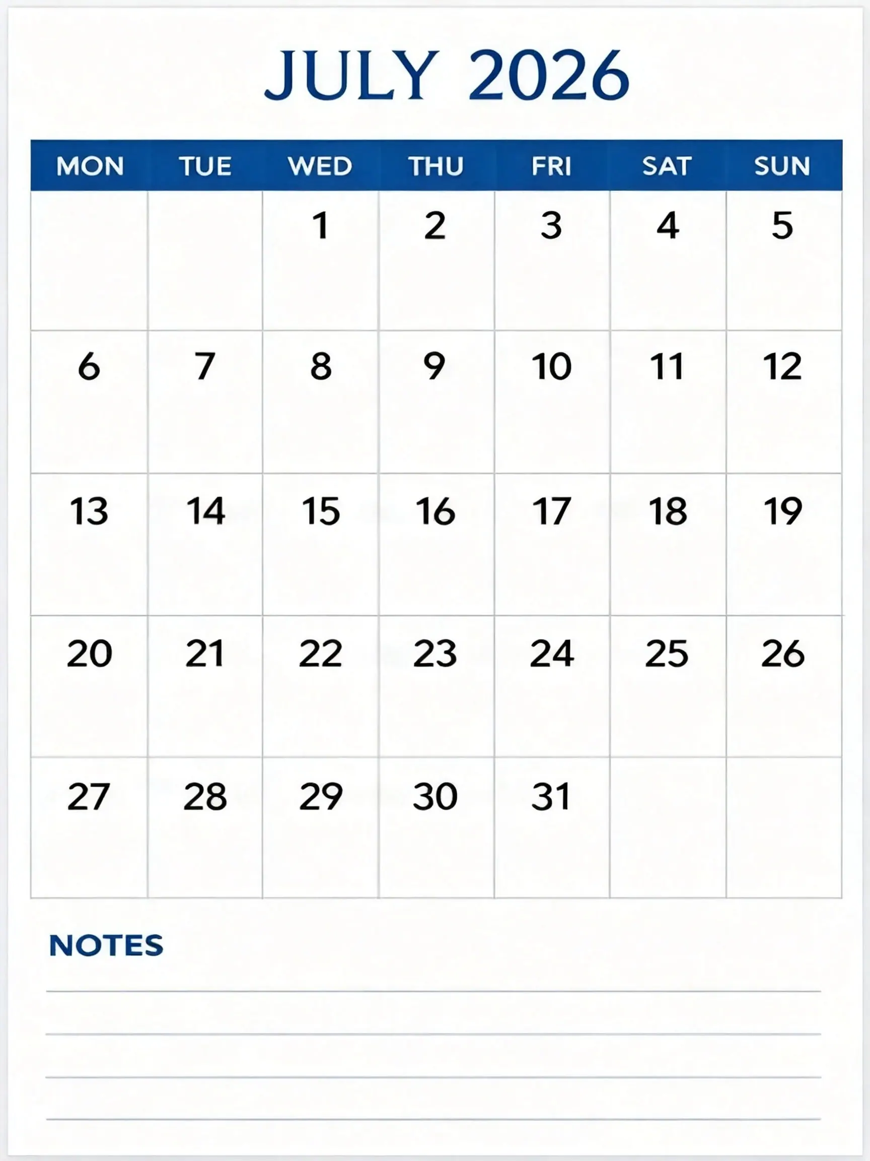 Blue Notes Classic Monthly Calendar