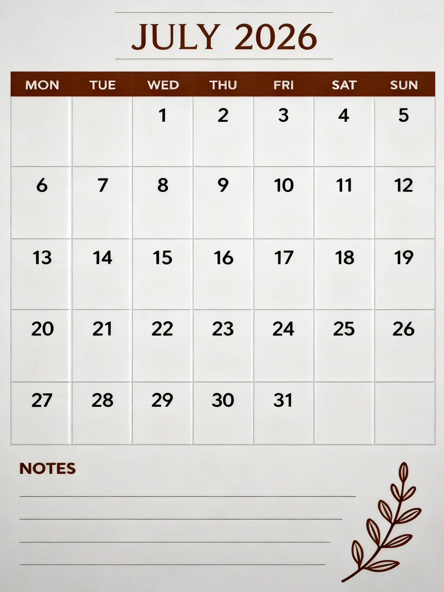 Brown Botanical Notes Classic Monthly Calendar