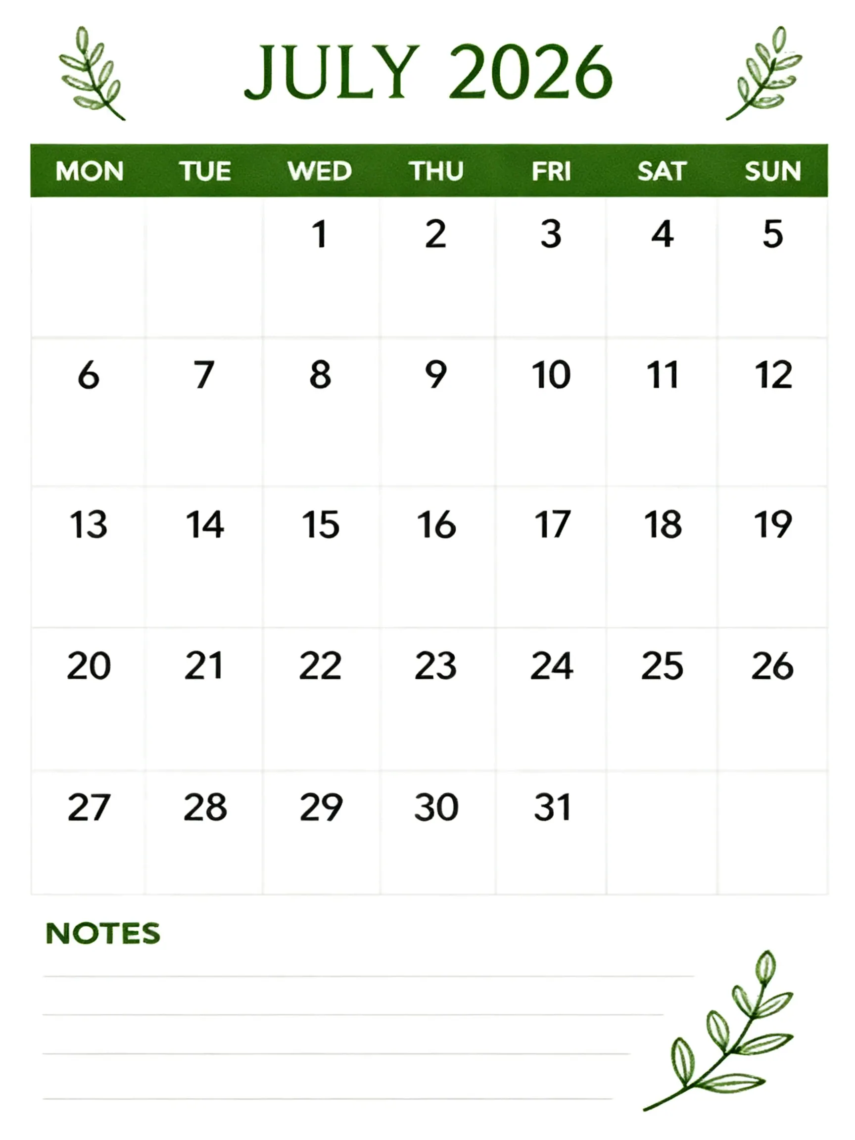Green Botanical Notes Classic Monthly Calendar