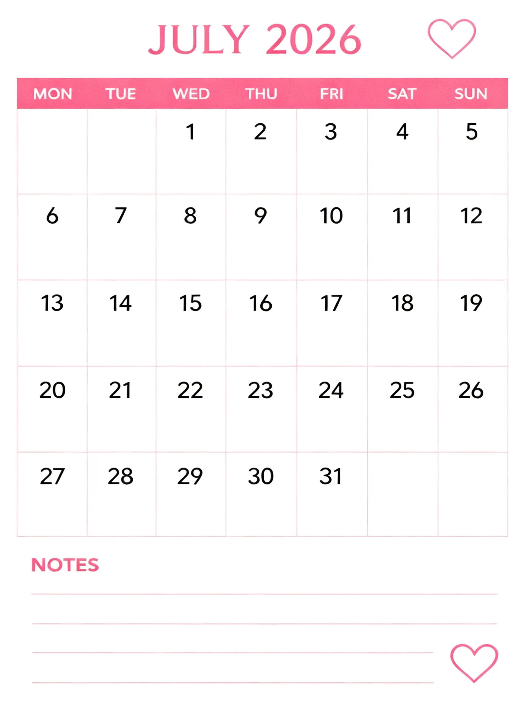 Pink Heart Notes Classic Monthly Calendar
