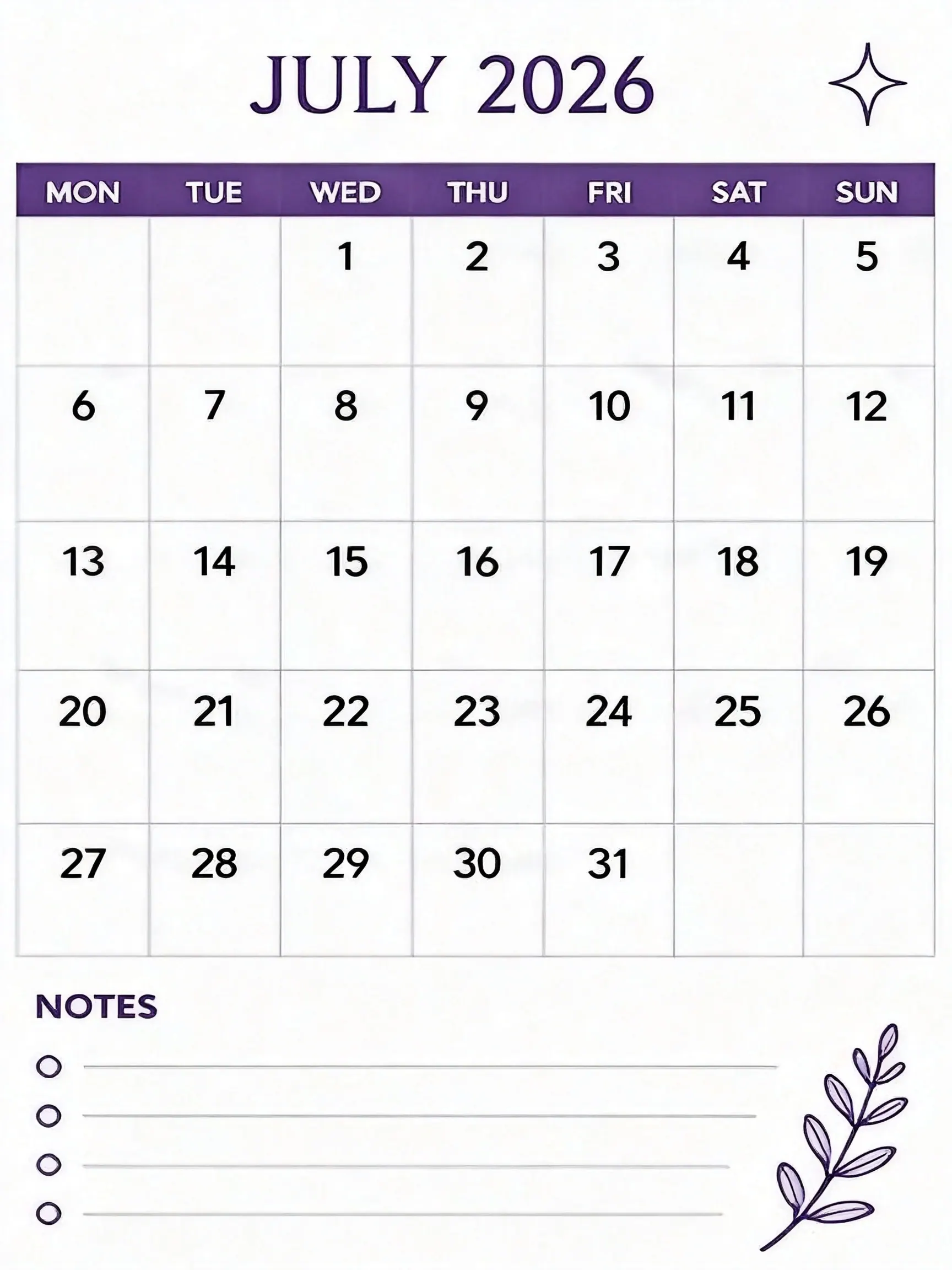 Purple Checklist Notes Classic Monthly Calendar