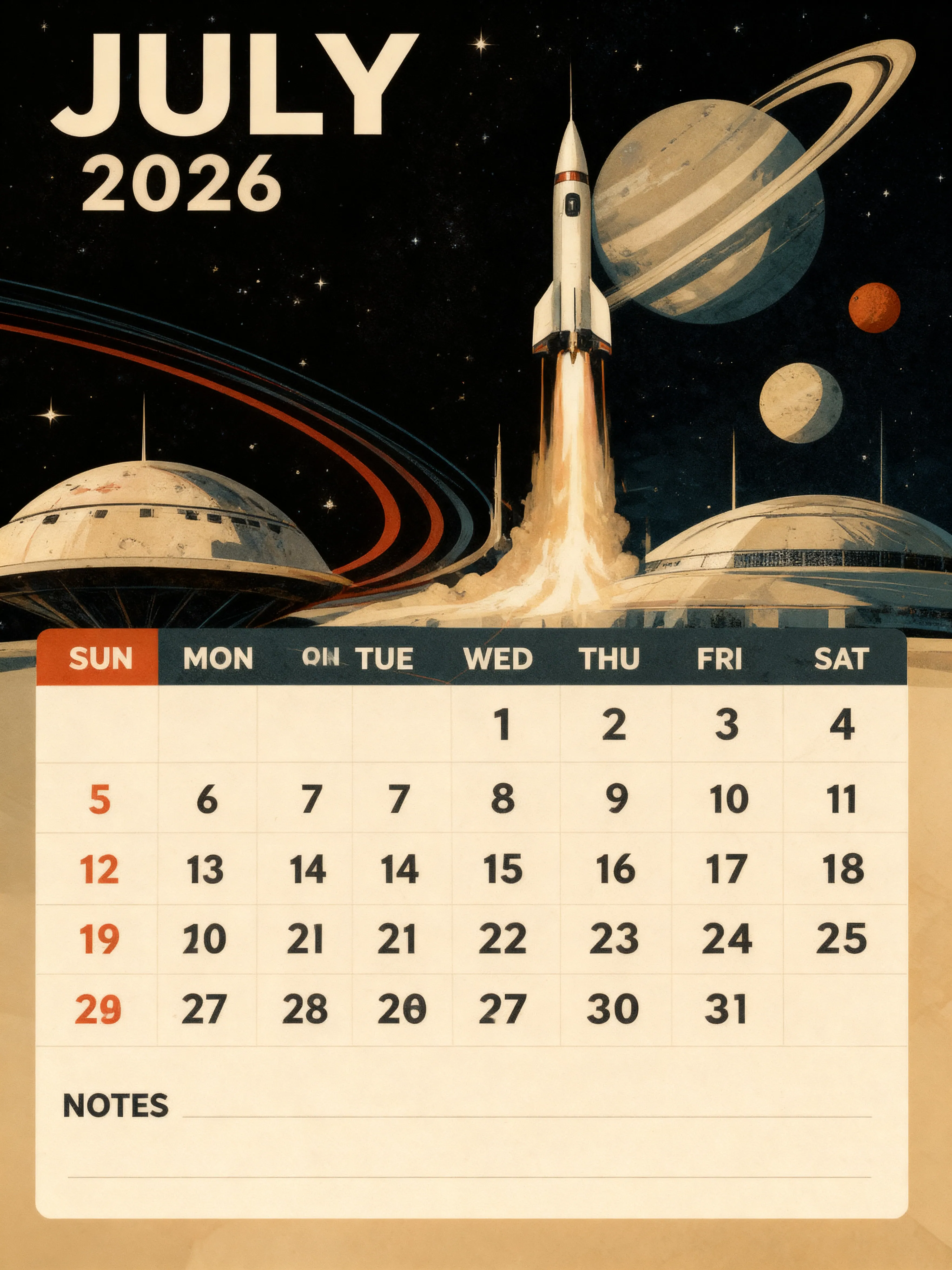 Space Rocket Classic Monthly Calendar