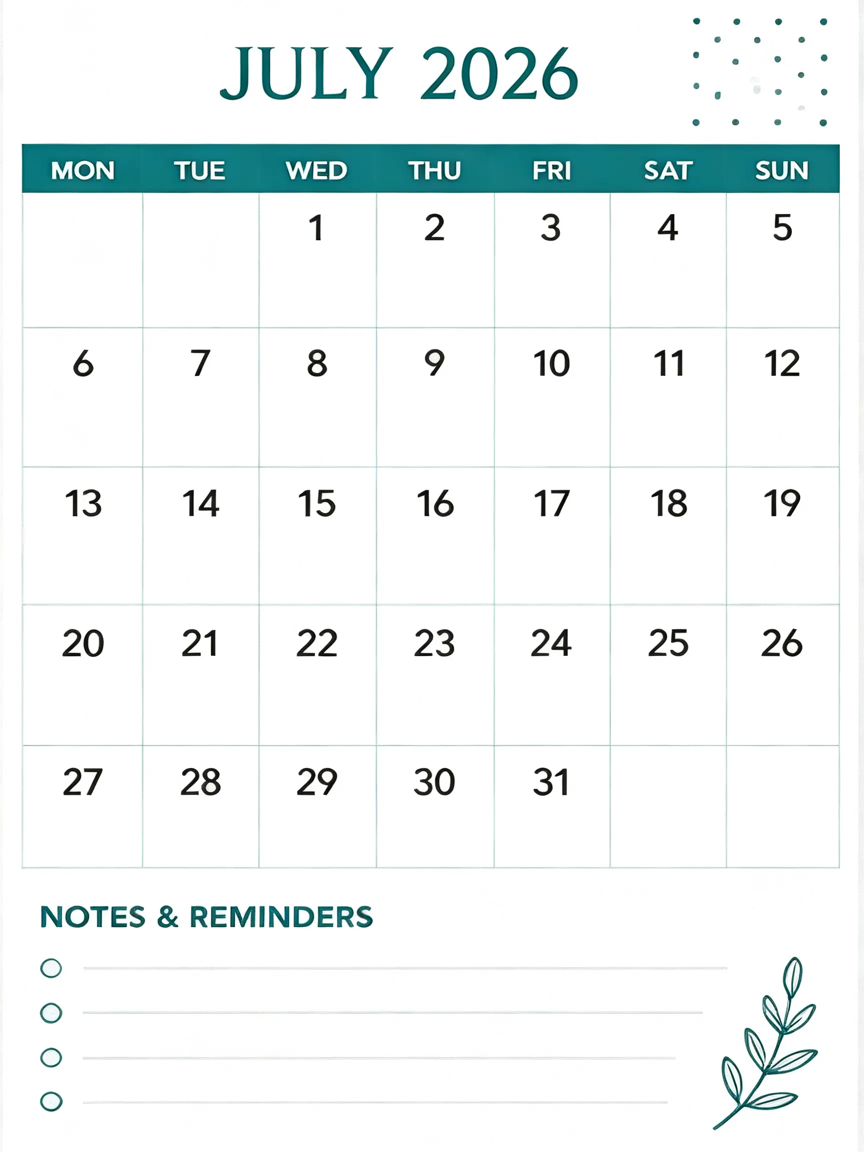 Teal Notes and Reminders Classic Monthly Calendar