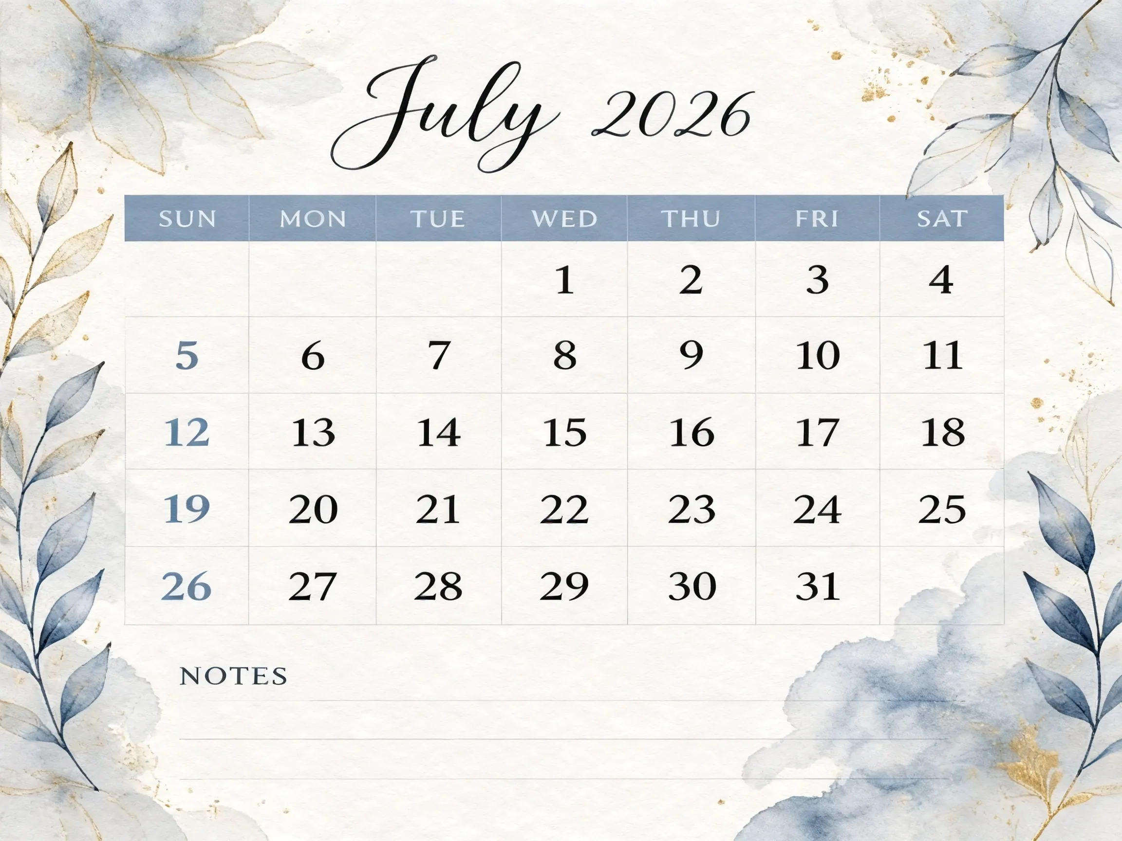 Watercolor Blue Classic Monthly Calendar