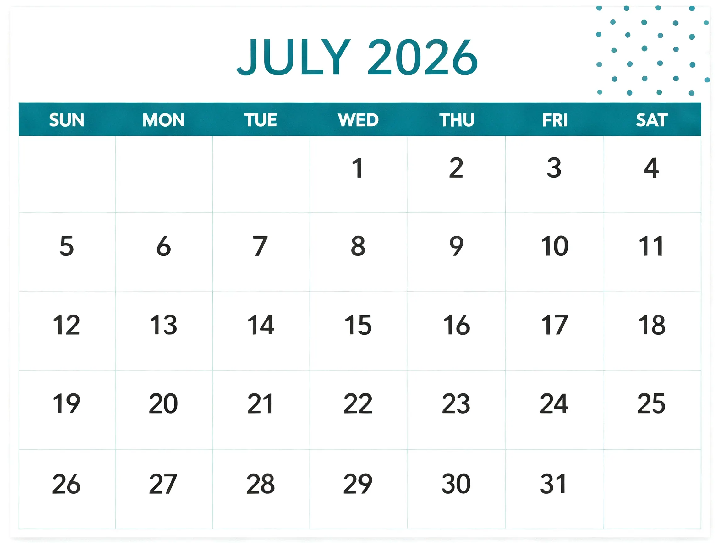 Landscape Monthly Calendar - Teal