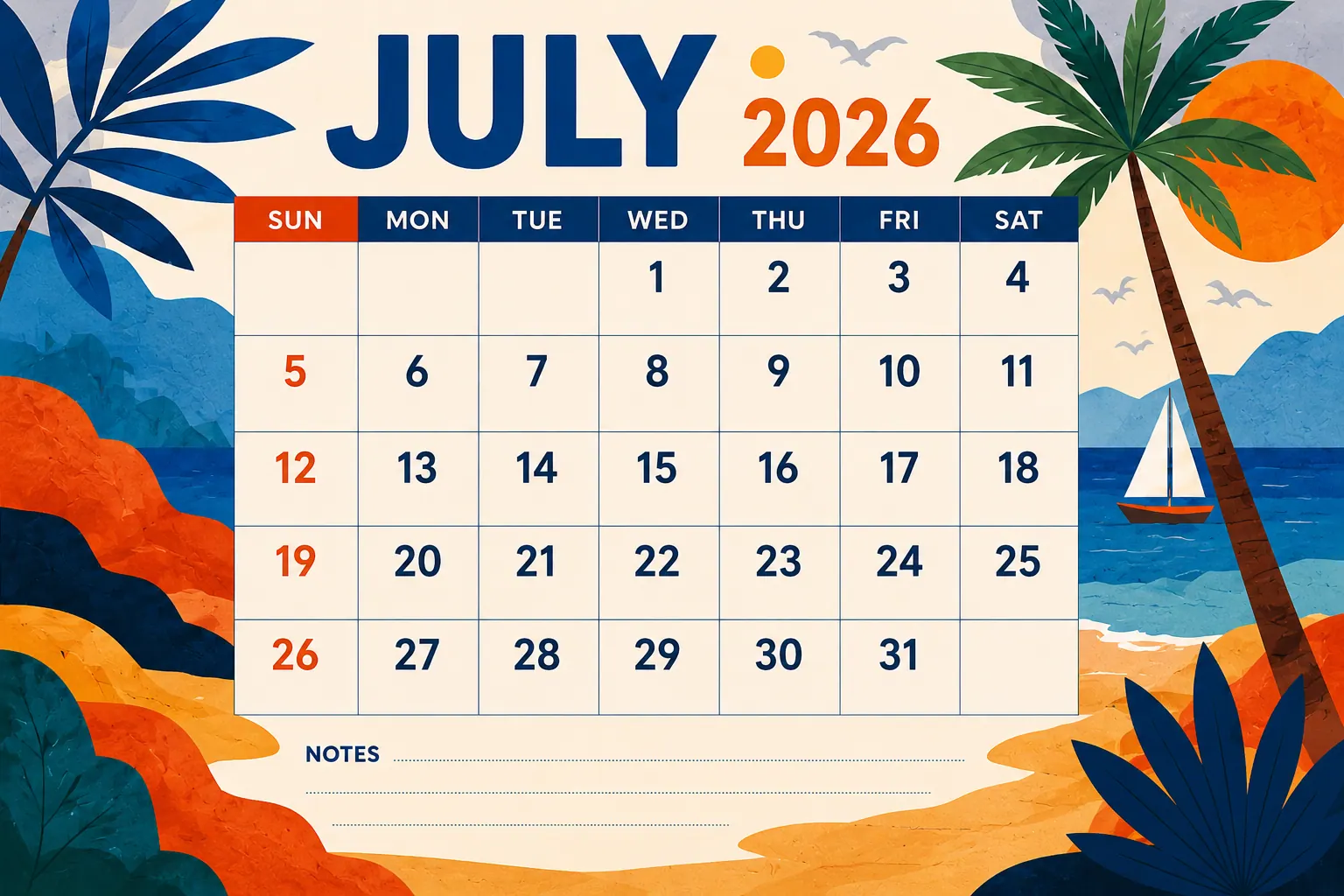 Tropical Beach Landscape Monthly Calendar