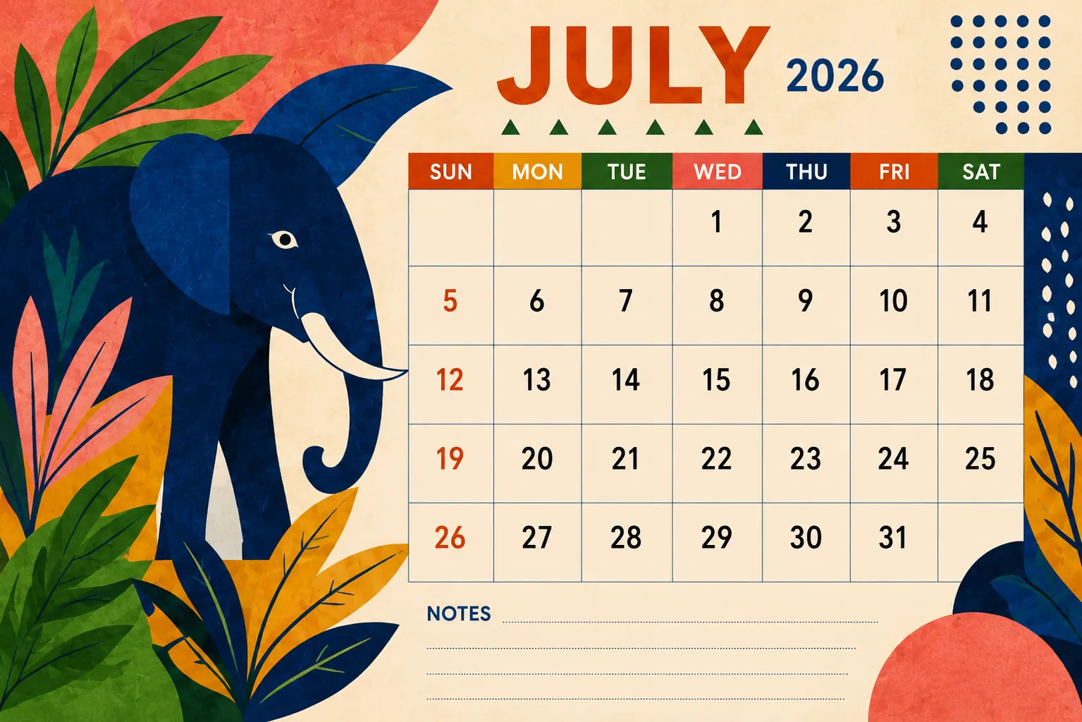 Jungle Elephant Landscape Monthly Calendar