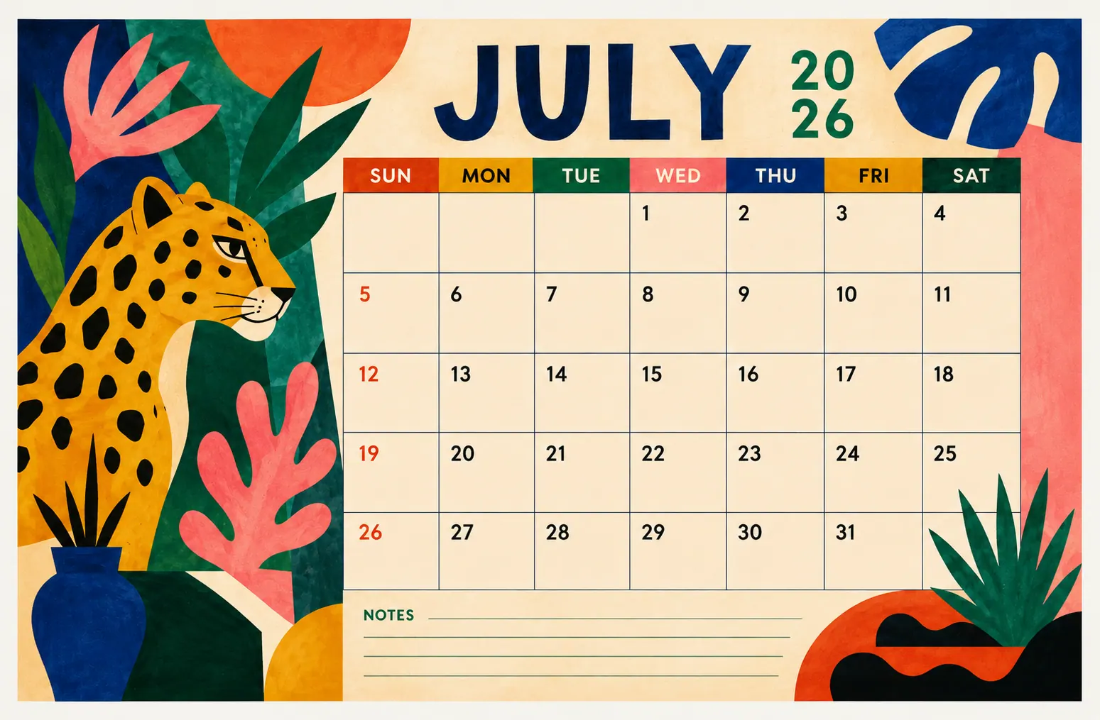 Jungle Leopard Landscape Monthly Calendar