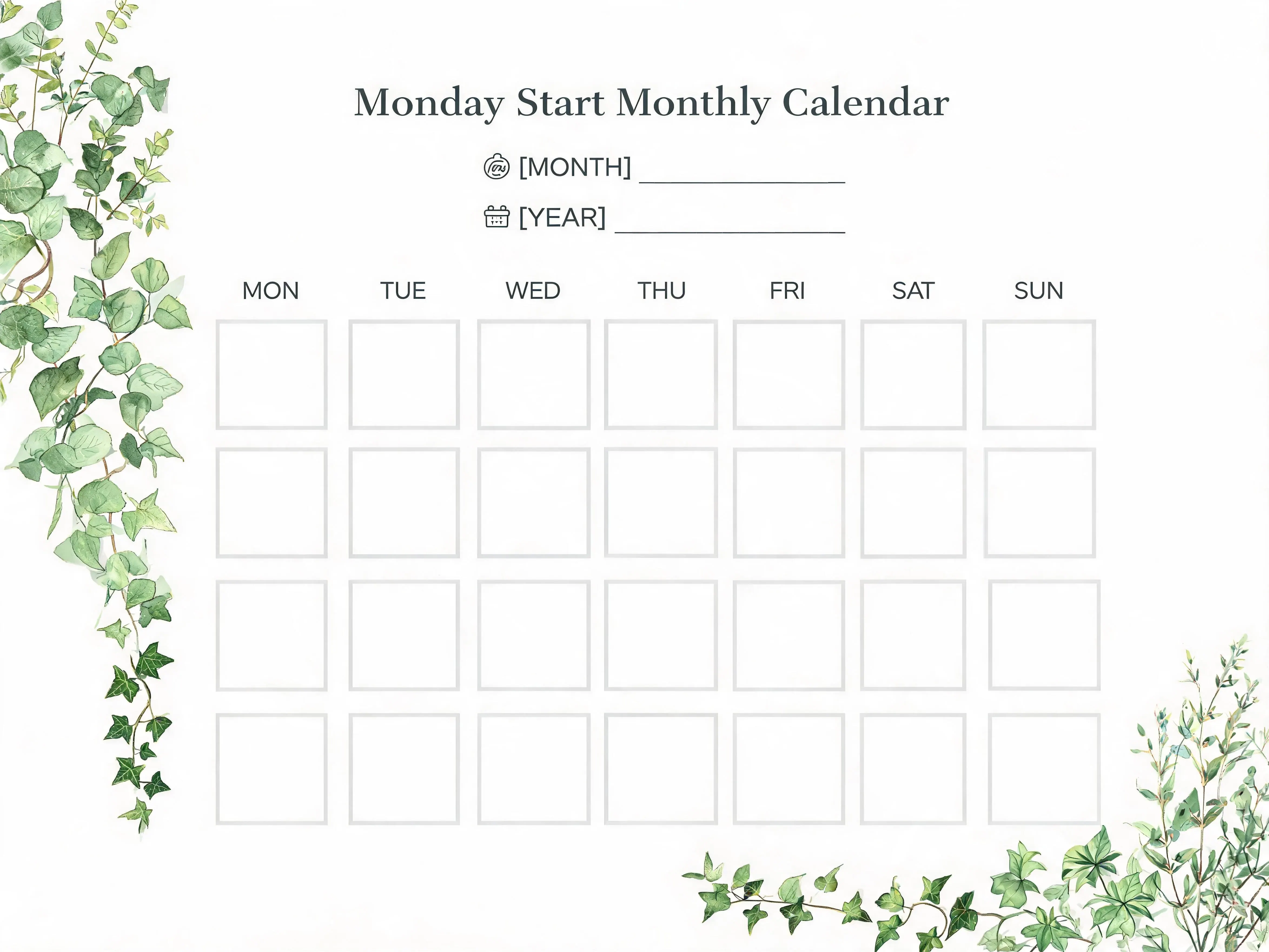 Botanical Monday Start Calendar