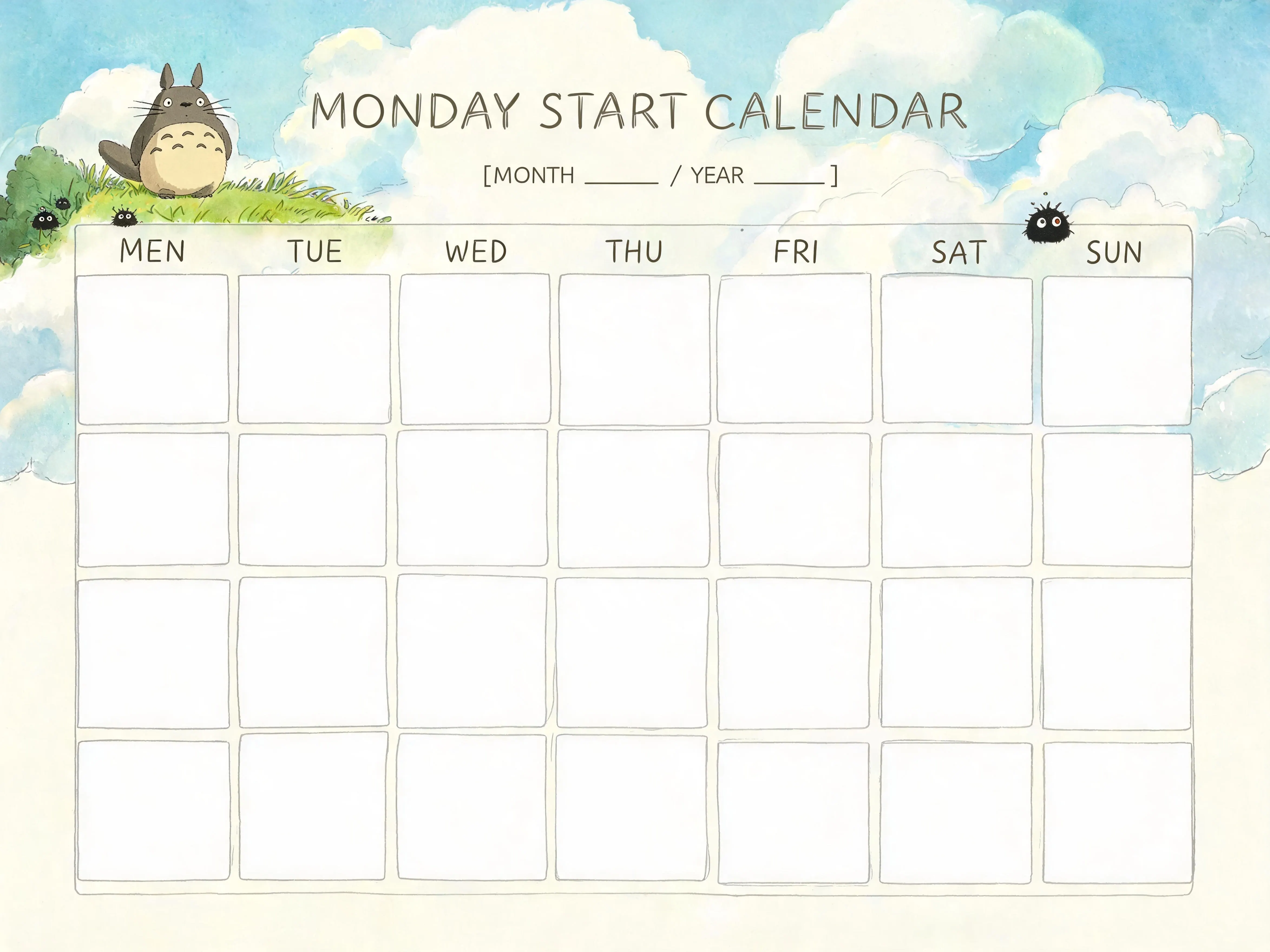 Ghibli Inspired Monday Start Calendar