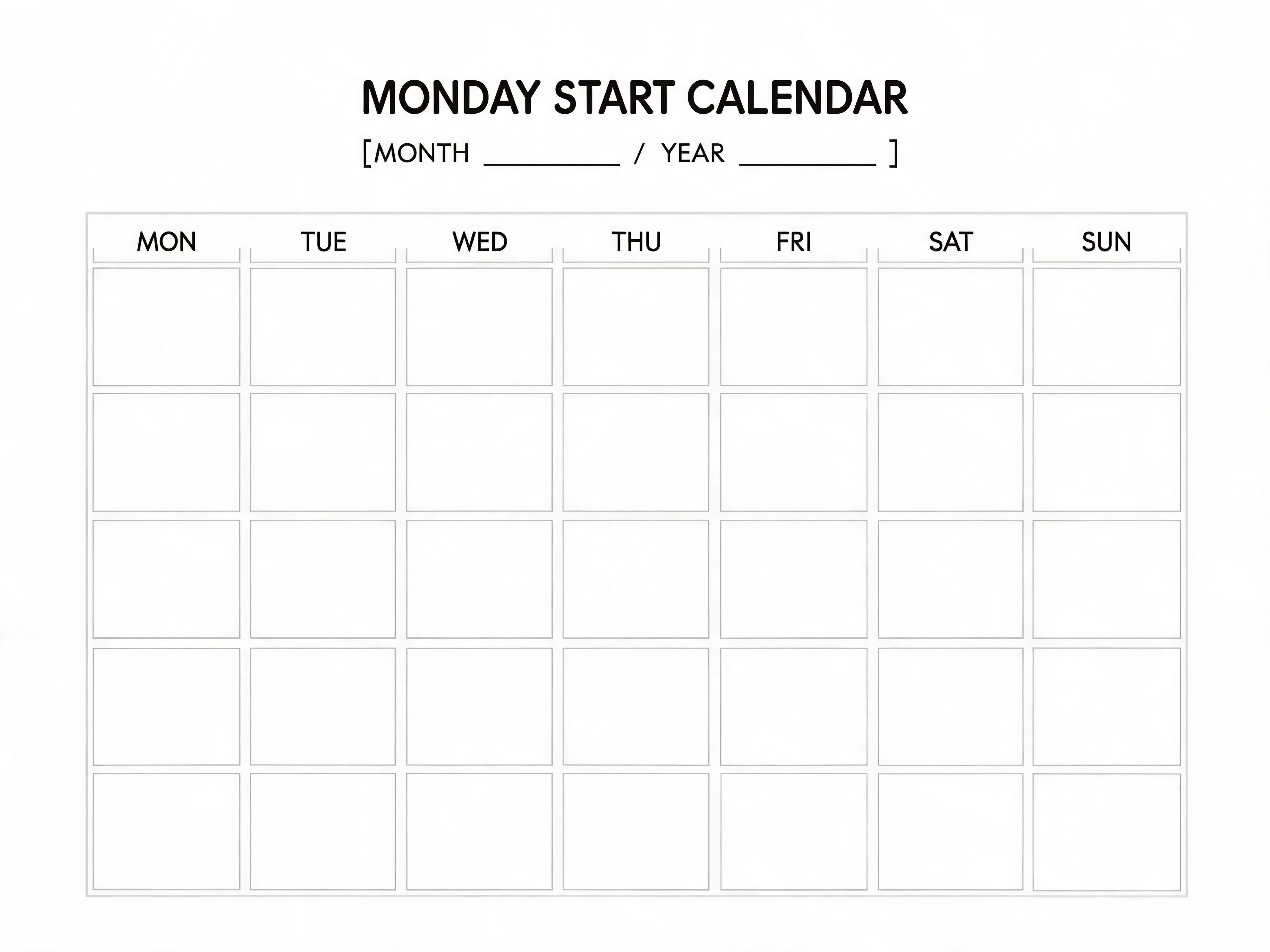 Minimal Style Monday Start Calendar