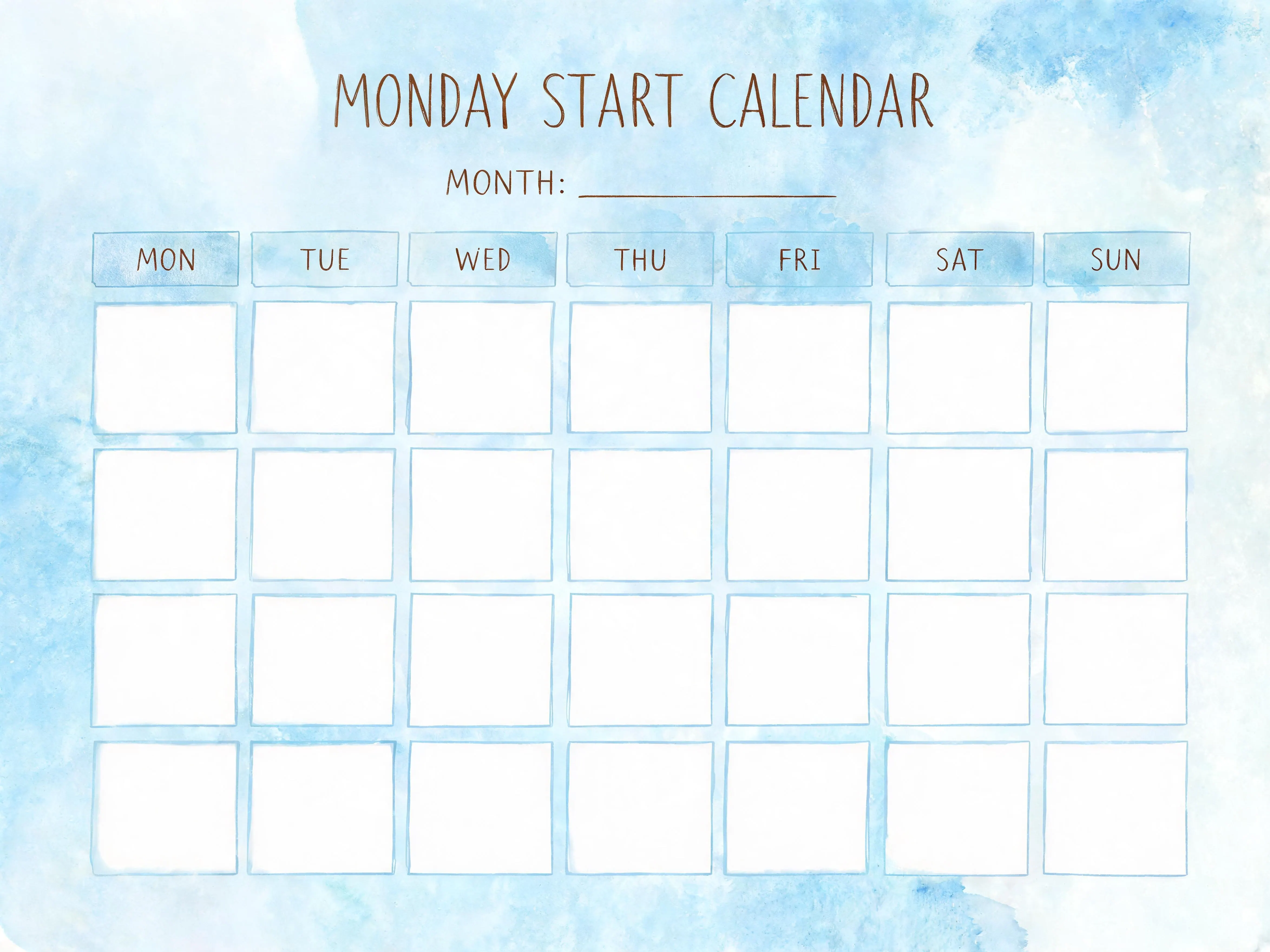 Watercolor Monday Start Calendar