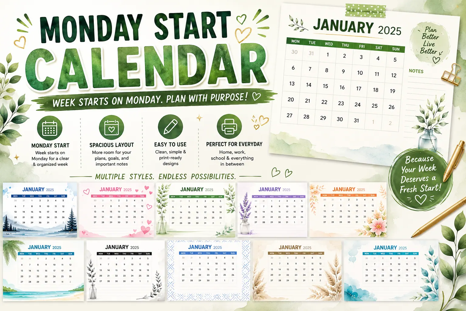 Monday Start Calendar printable calendar template