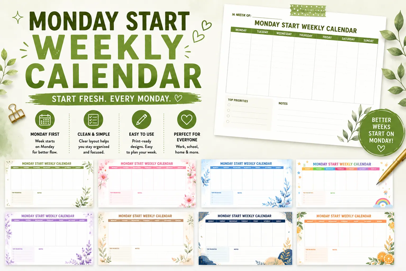 Monday Start Weekly Calendar