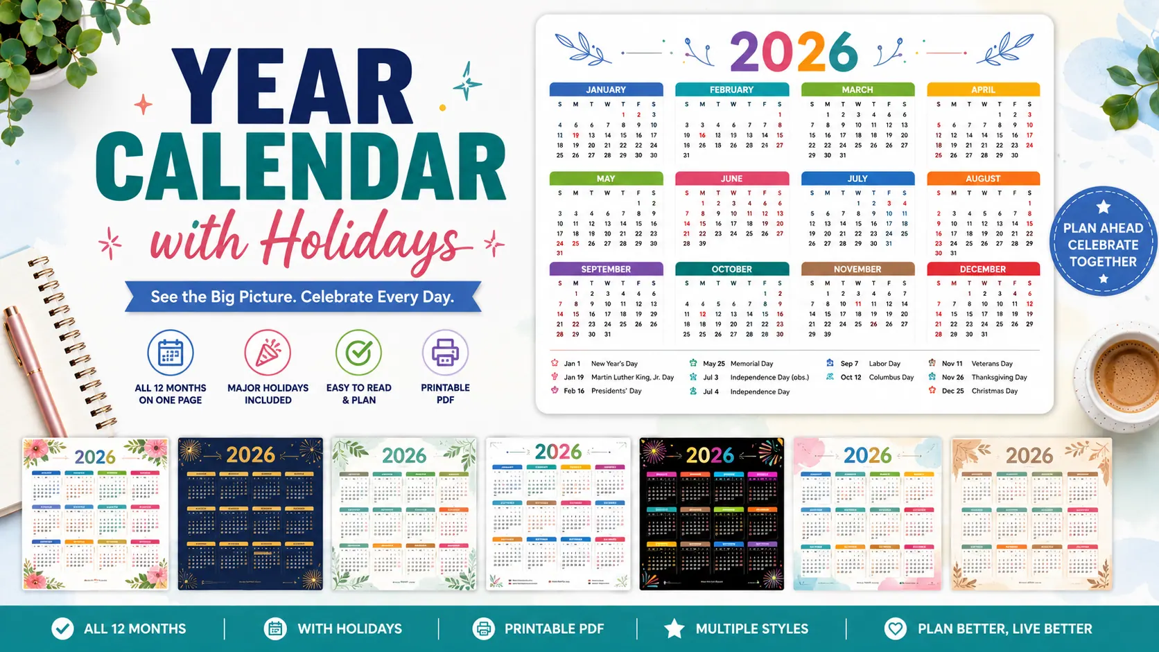 Year Calendar with Holidays